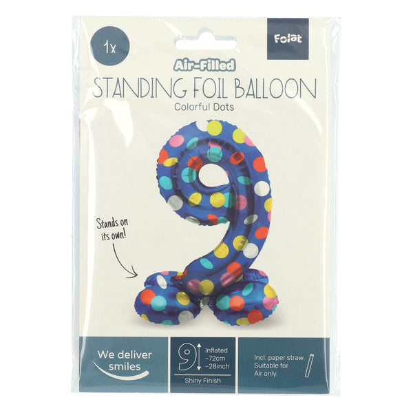 Folat bv staande folieballon colorful dots cijfer 9 - 72cm