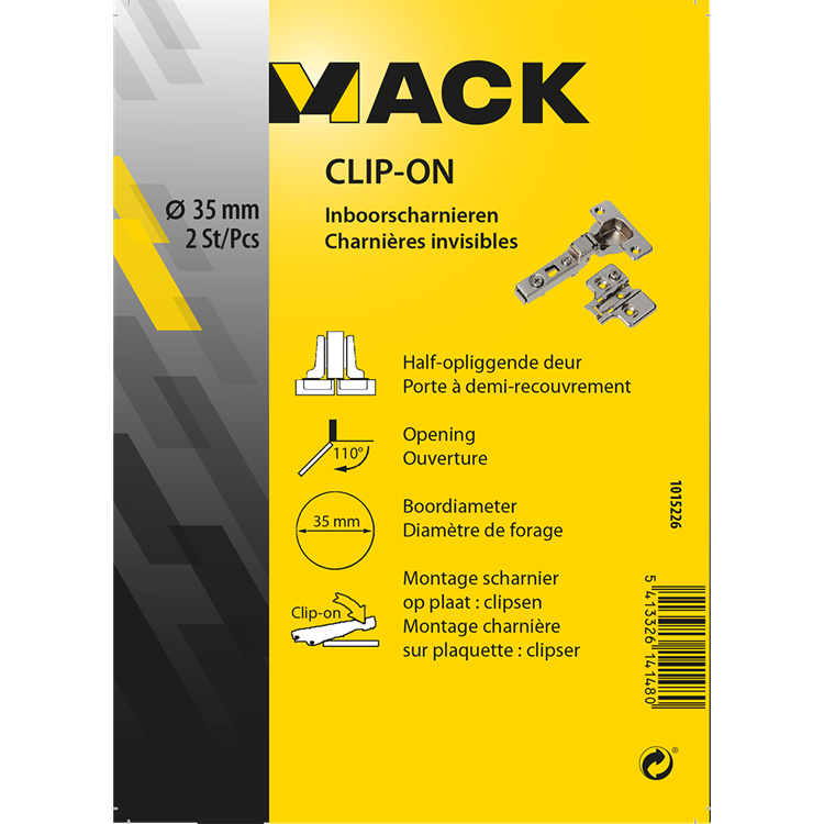 Mack 1015226 - 2 inboorscharnieren clip on 35mm 110° half opliggende deur | 10 stuks