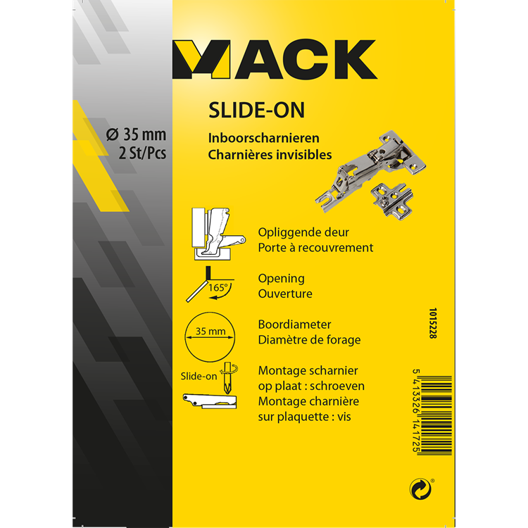 Mack 1015228 - 2 inboorscharnieren slide on 35mm 165° opliggende deur | 10 stuks