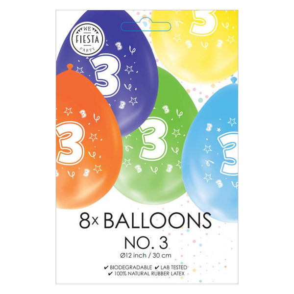 Globos balloons 2-sided printed number 3, 8 pc.