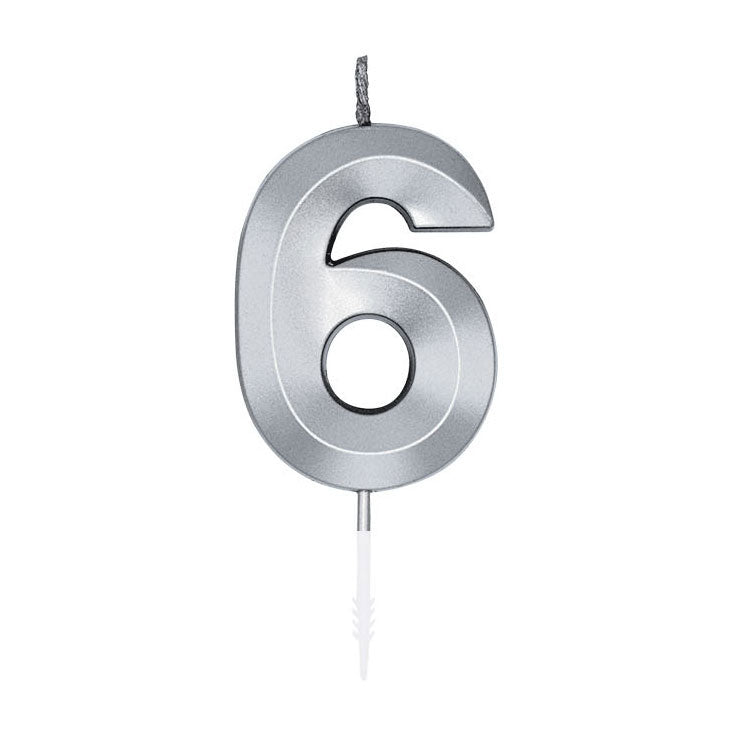 Globos taartkaars 6cm metallic zilver no.6