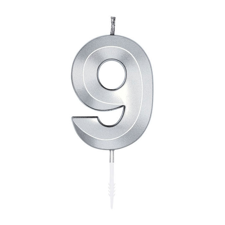 Globos taartkaars 6cm metallic zilver no.9