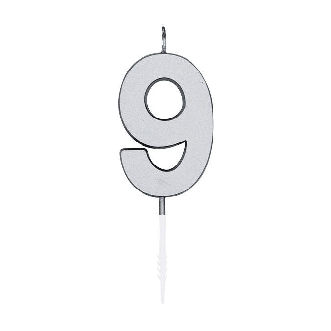 Globos taartkaars 4,5cm metallic zilver no. 9