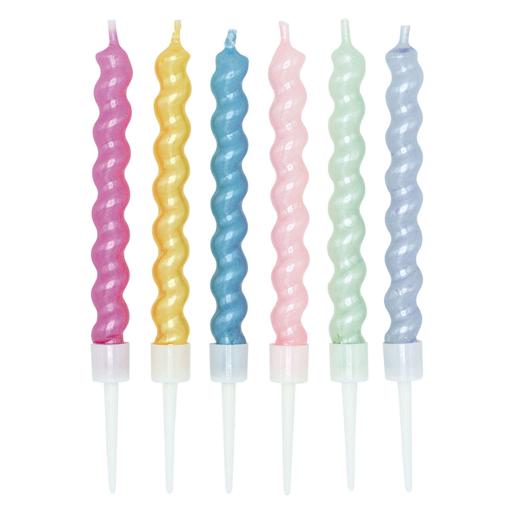 Globos taartkaarsen 8cm spiraalvormig met houders parelmoer kleuren - 6st.