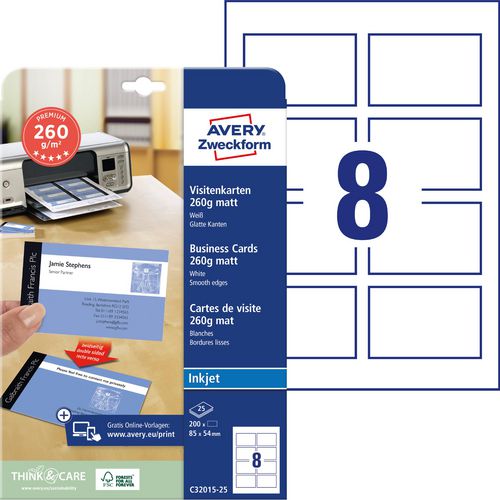 Visitekaarten avery 260g m2 85 x 54 mm mat