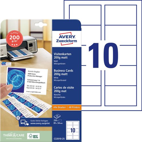 Visitekaarten avery 185g m2 85 x 54 mm mat