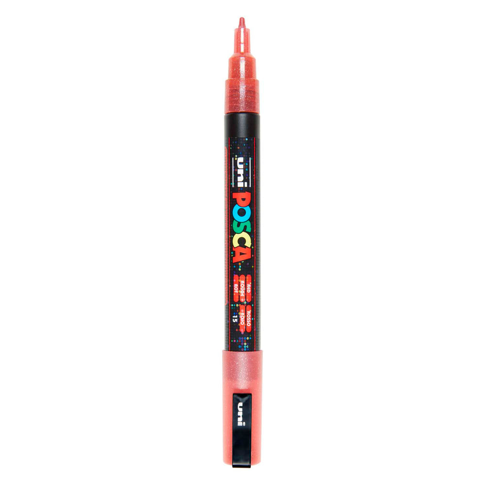 Uni posca pc3m verfmarker glitter rood - ronde punt tot 1,3 mm