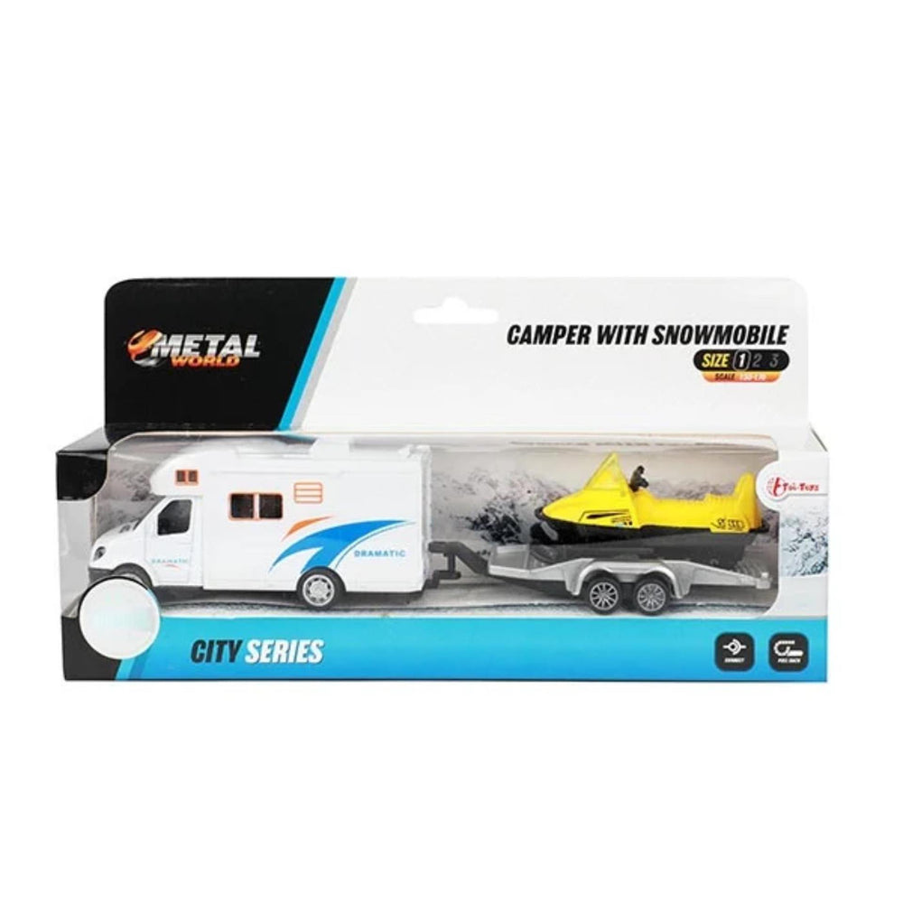Toi-toys metalen trekcamper met aanhanger en sneeuwscooter