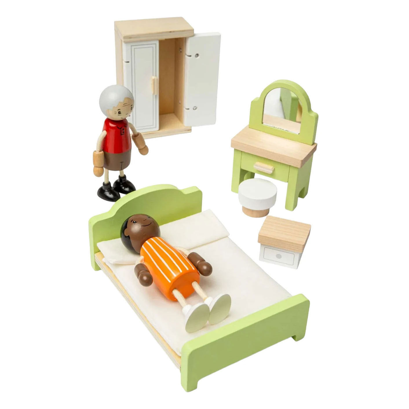 Bigjigs houten poppenhuis meubels slaapkamer - 5dlg.