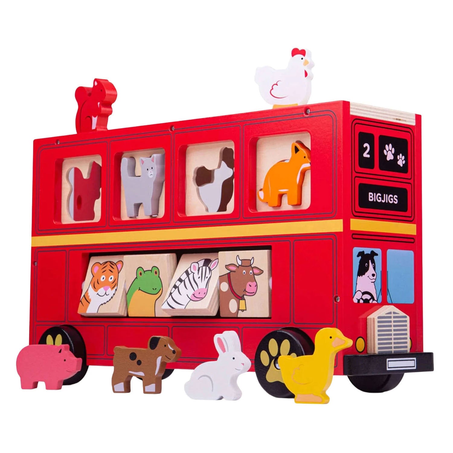 Bigjigs houten vormenstoof rode dierenbus - 21dlg.