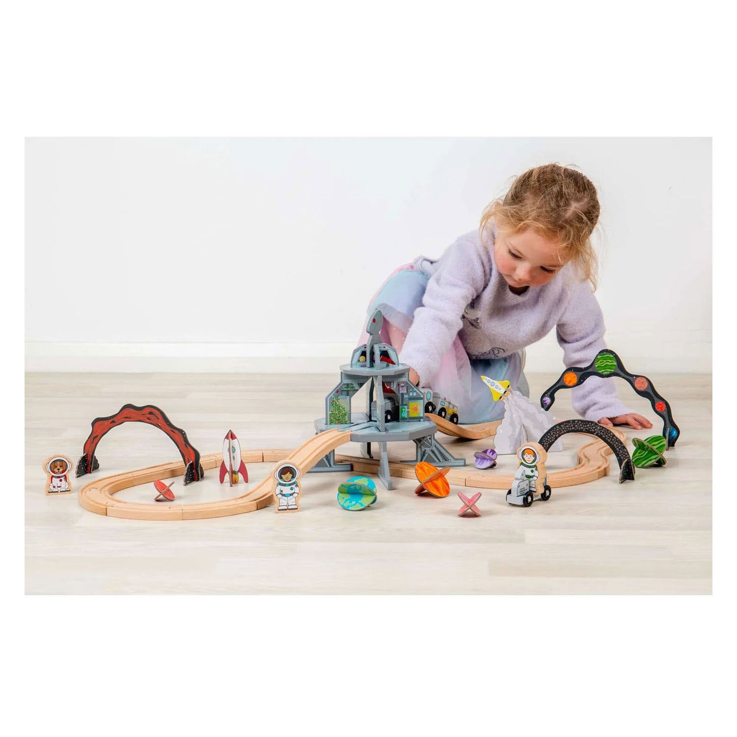 Bigjigs houten treinset ruimtevaart - 40dlg.