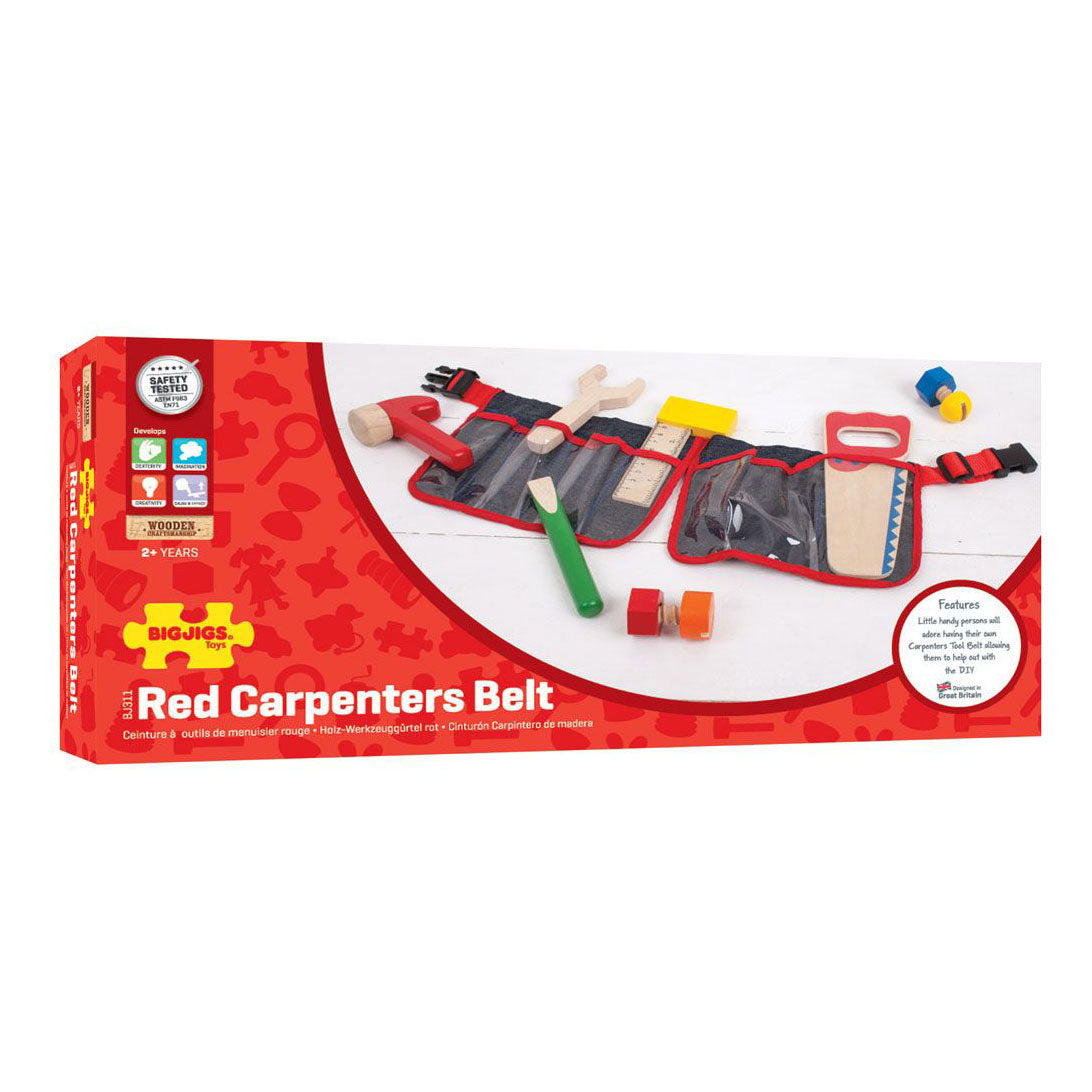 Bigjigs toys rode gereedschapsgordel met houten gereedschap - bigjigs - met klipsluiting - 10-delig