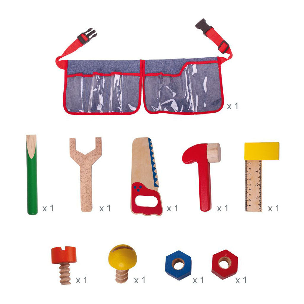 Bigjigs Toys Red Tool Belt with Wooden Tools - Bigjigs - with Clip Fastening - 10-piece