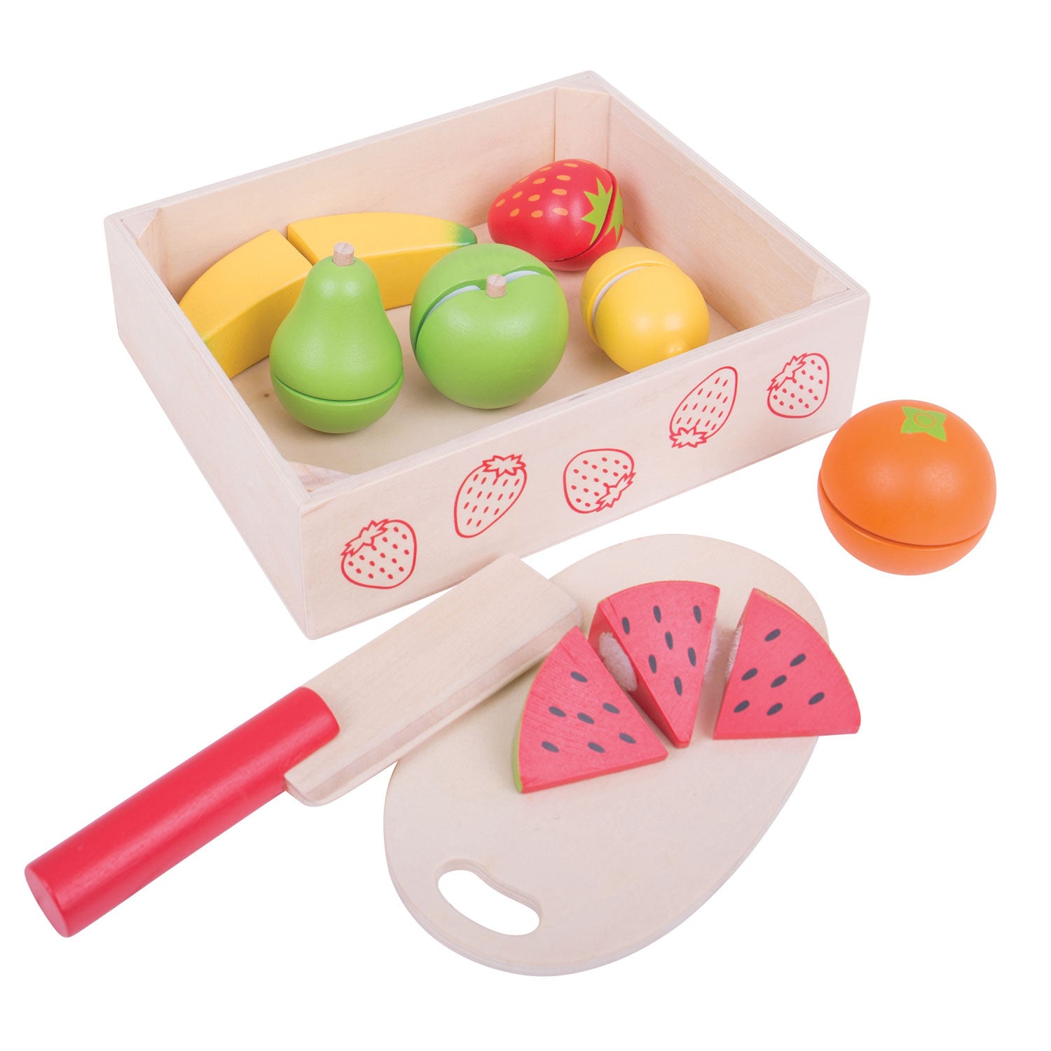 Bigjigs toys houten kistje met fruit en klittenband - mer mes en plank - bigjigs - 18-delig