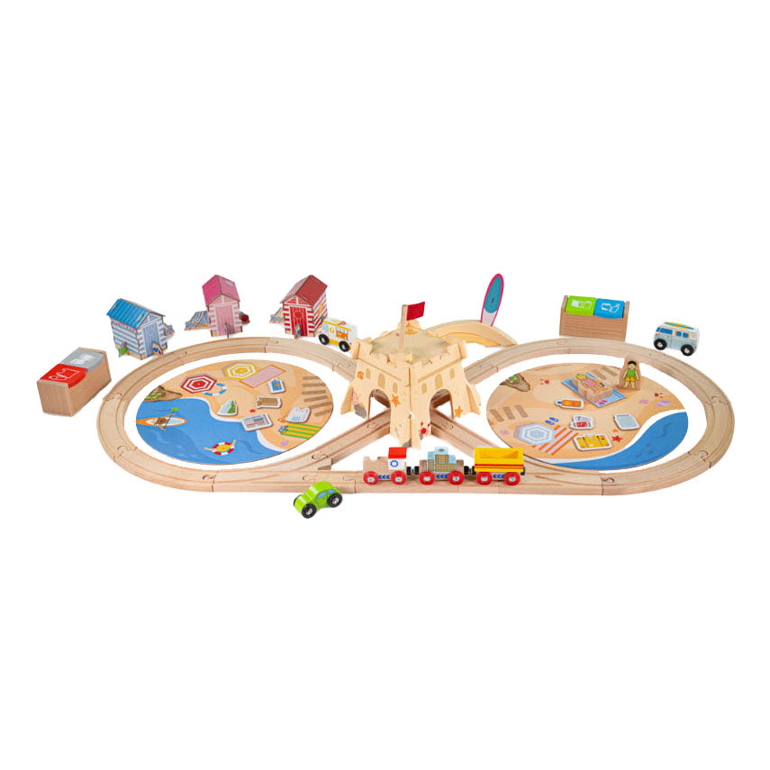 Bigjigs houten treinset zeekust opruimen, 70dlg.