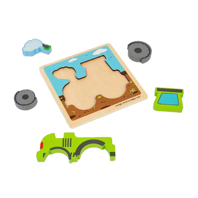Bigjigs houten inlegpuzzel tractor met uitneembare vormen, 5st.