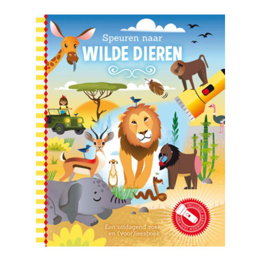Lantaarn publishers speuren naar wilde dieren zoekboek met kartonnen zaklamp