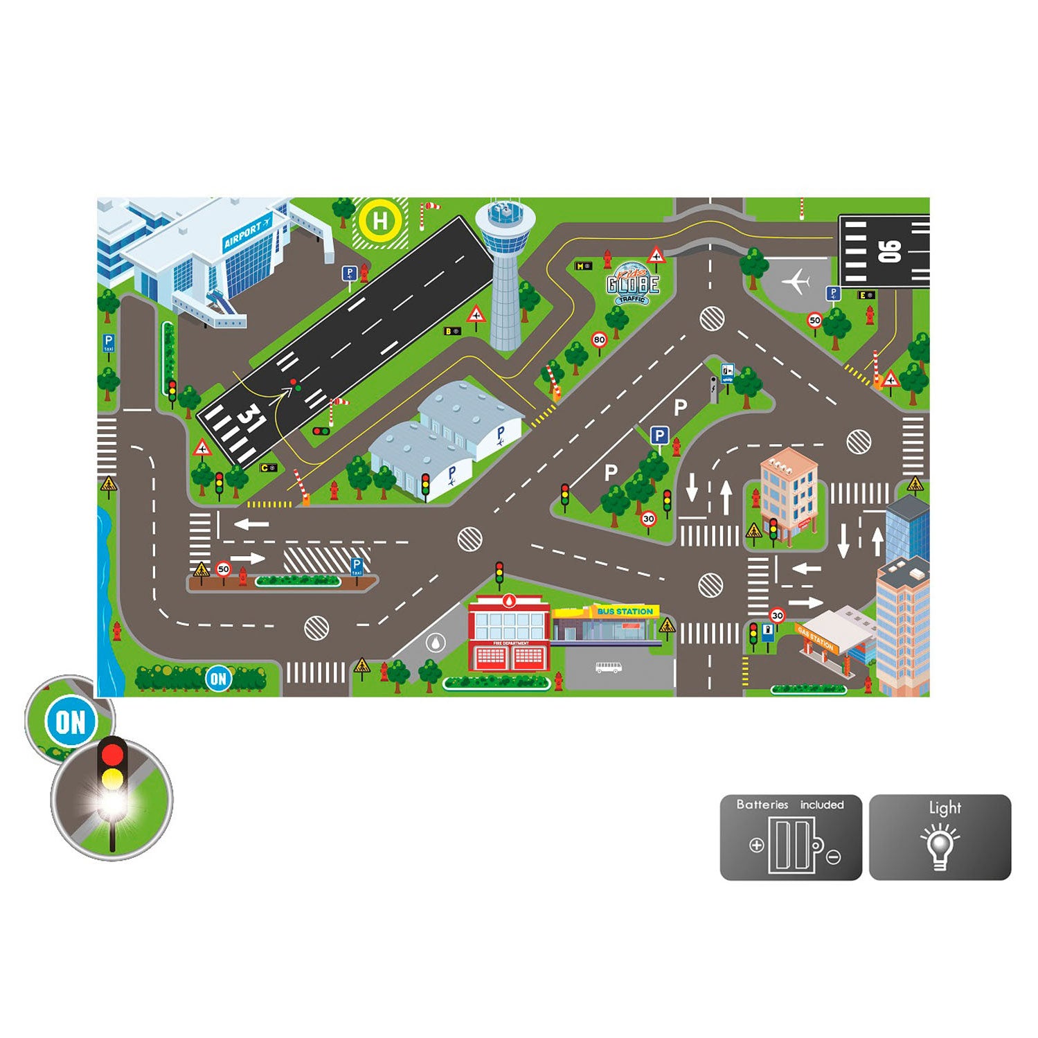 Kids Globe Verkeerskleed Vliegveld en LED verlichting