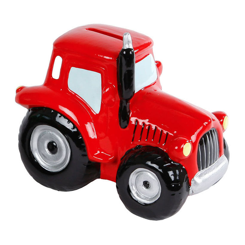 Kids globe money box earthenware tractor red