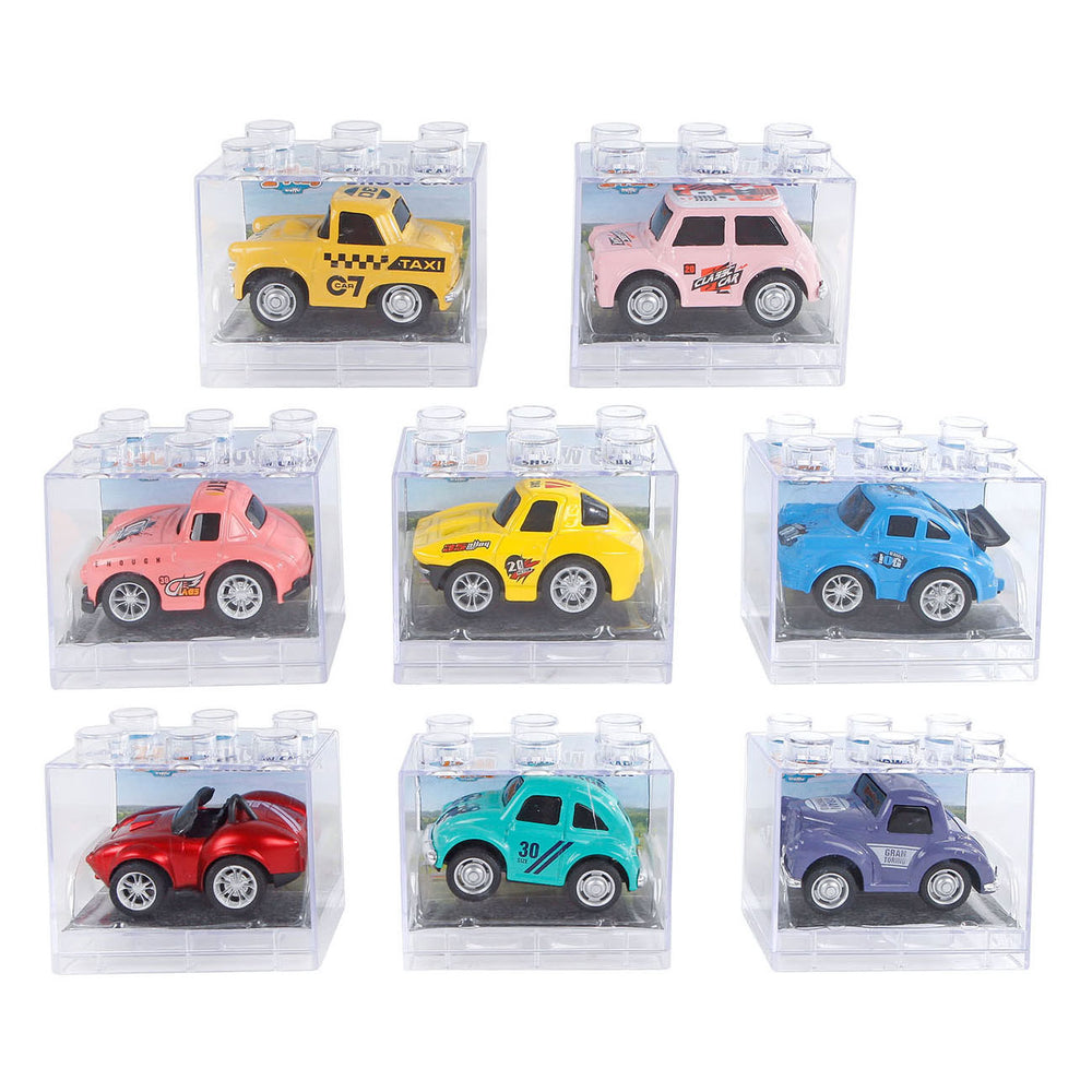 2-play gegoten terugtrekauto in transparant doosje, 6cm