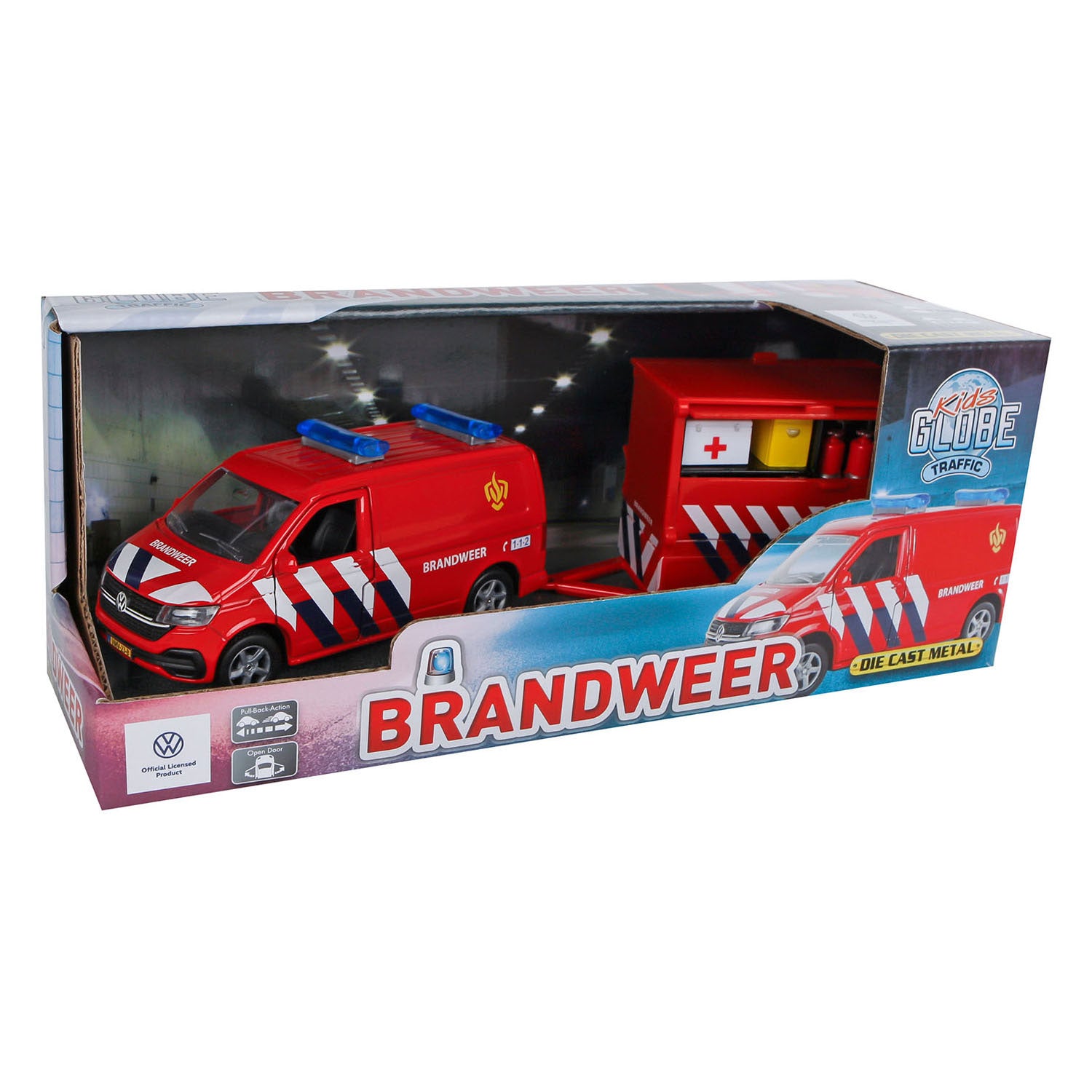 Kinderbol vw transporter brandweer met aanhangwagen