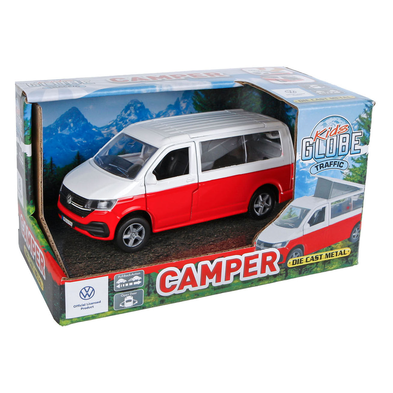 Kinderwereldbol VW Transporter camper spuitgiet pull back, 13,5 cm
