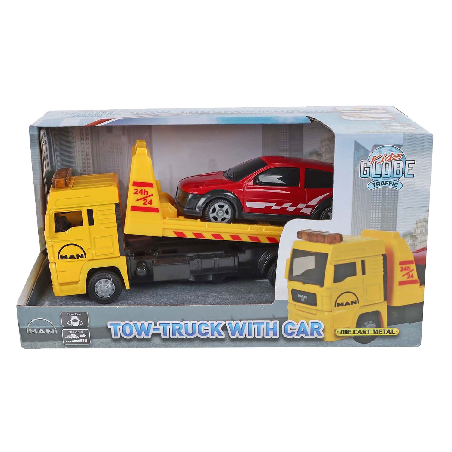 Kinderbol man vrachtwagen bergingswagen met auto, 19cm