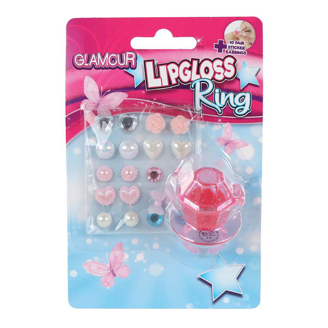 Glamour lipglossring en 10 paar oorbelstickers