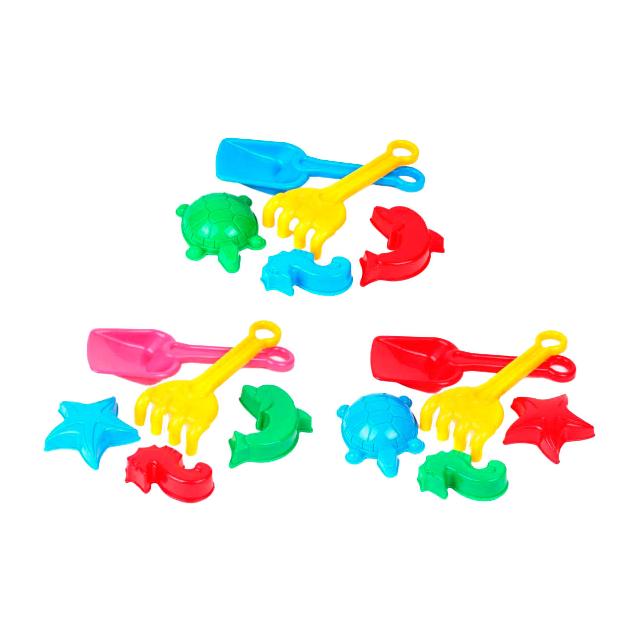 Zonpretschepje met harkje en 3 zandvormen, 22cm
