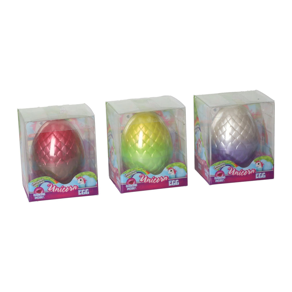 Unicorn ei met groeiende eenhoorn en diamant 8cm 6 assorti