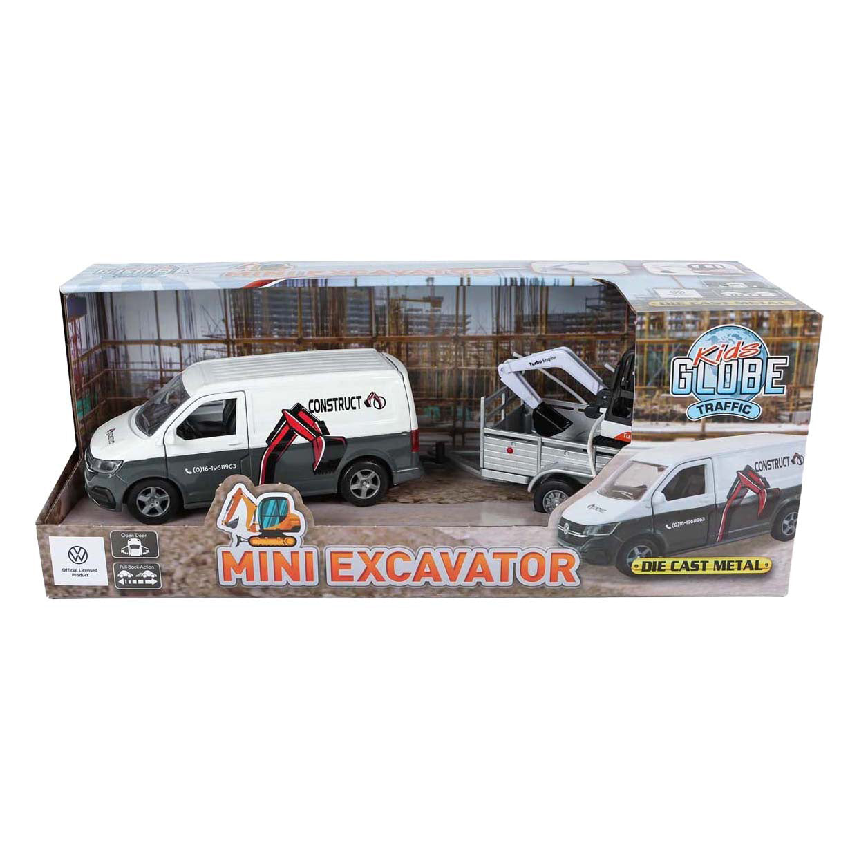 Kids globe vw transporter met minigraver die cast pull back 27cm