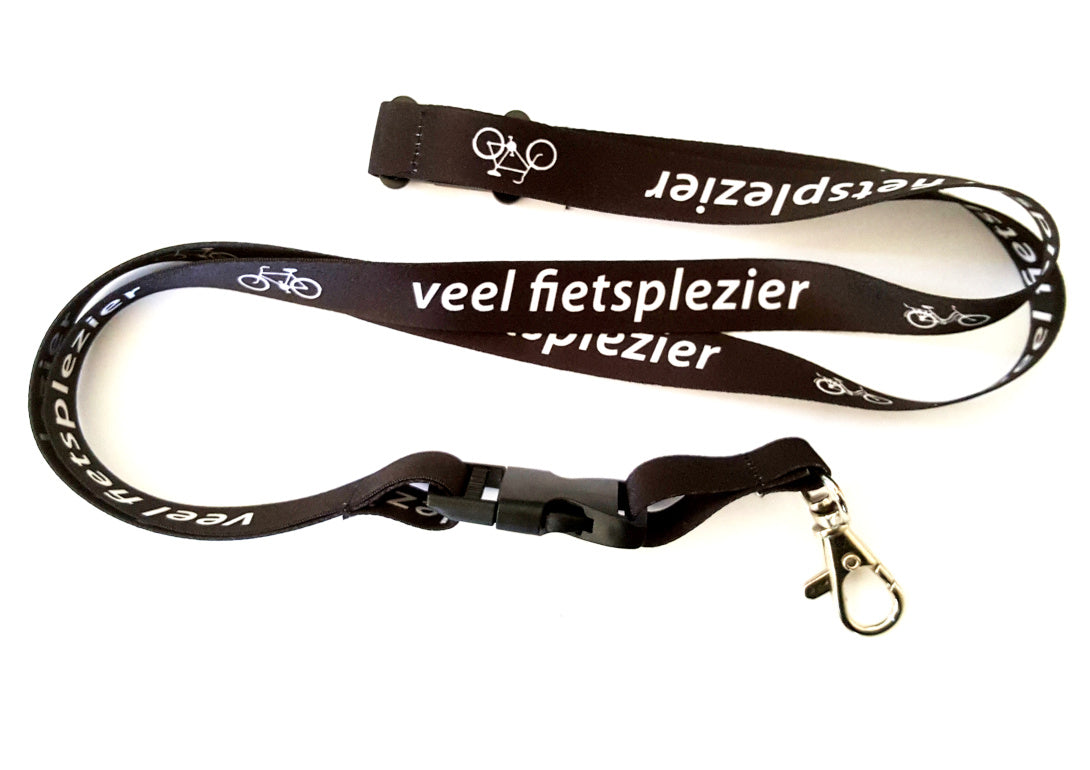 Sleutelkoord zwart met opschrift veel fietsplezier