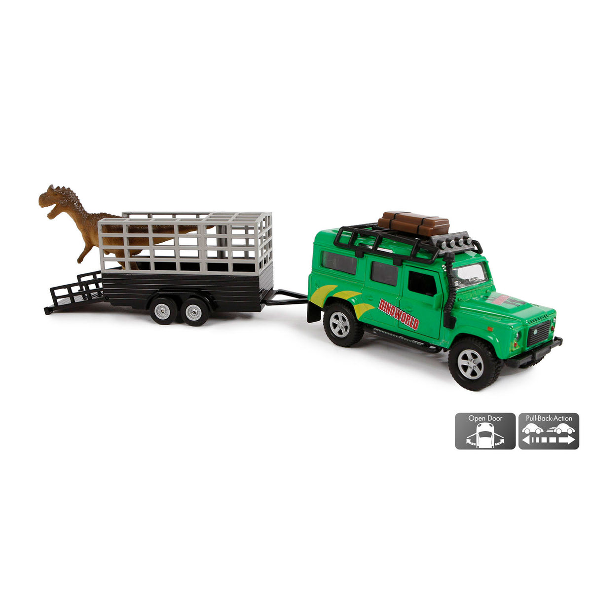 Kids globe die-cast land rover met dino-trailer, 29cm
