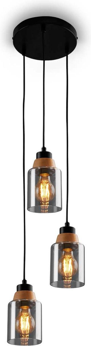Briloner - royk - 3-lichts hanglamp, gerookt glas, plafondlamp, plafondlamp, lamp, woonkamerlamp, lampenkap van gerookt glas, hanglamp, kroonluchter, slaapkamerlamp, zwart-hout