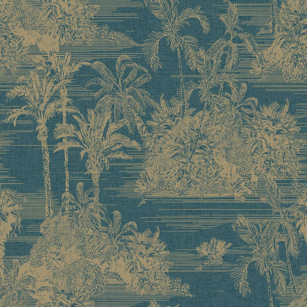 DUTCH WALLCOVERINGS DUTCH WALLCOVERINGS Behang Tropisch donkerblauw en goudkleurig