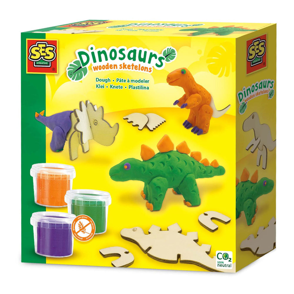 Ses klei dinosaurus houten skeletten - 3 kleipotjes