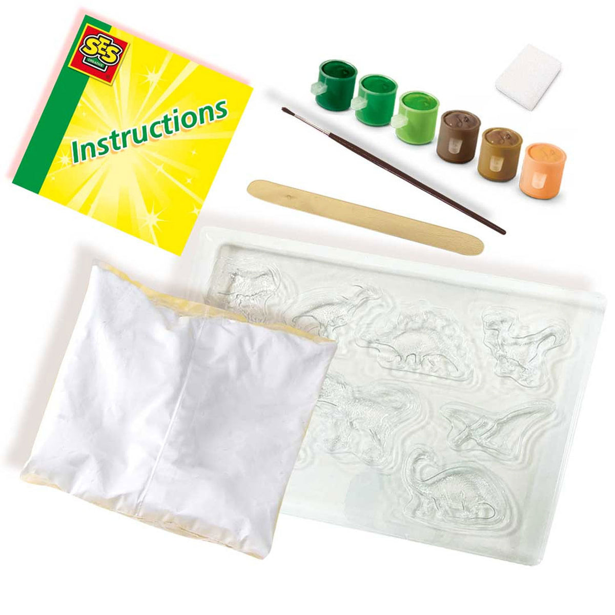 SES creative - Pour and paint - Dino world - Quick dry - With moulds, plaster, paint, brush, spatula and sponge - Crafting boys - Dinosaur toy