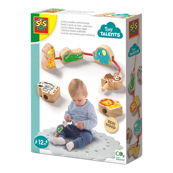 Ses creative - tiny talents - houten dierenkralen rijgen - montessori - veilig rijgkoord met hout - makkelijk voor de kleine handjes - speelgoed 1 jaar