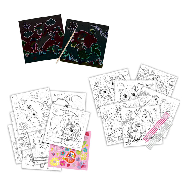 Ses creative - doe kleurboek glitter 3 in 1 - glitter scratch, diamond painting en kleurplaten - met glitters stickers en houten scratch pen – kleurboek voor kinderen