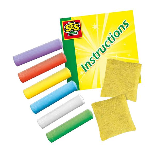Ses creative ses - stoepkrijt spellen 5 in 1 - creatief buiten spelen - set van 6 kleuren stoepkrijt met 2 pittenzakjes - instructies voor 5 verschillende spellen