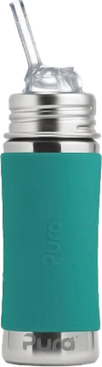 Pura rietjesfles 325 ml - drinkfles - bidon - plasticvrij - vaatwasserbestendig - op 2 manieren te gebruiken - medische kwaliteit siliconen - inclusief siliconen rietje, reisdop en sleeve - top is verwisselbaar - veelzijdig - mint