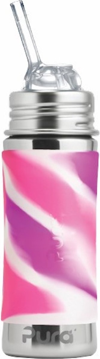 Pura rietjesfles kiddo free-flow 325 ml - drinkfles - bidon - plasticvrij - vaatwasserbestendig - op 2 manieren te gebruiken - inclusief siliconen rietje, reisdop, sleeve en reinigingsborsteltje - top is verwisselbaar - veelzijdig - pink swirl