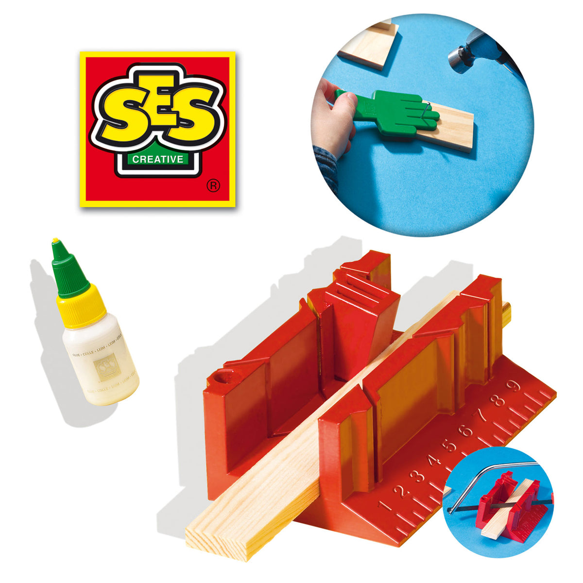 Ses creative – timmerset luxe – montessori speelgoed – hout, hamer, spijkers, lijm, zaag en verstekbak – met veiligheidshand – vanaf 5 jaar