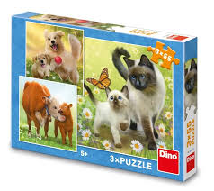 Dinotoys dino kinderpuzzel met hond poes en koeien - 3 x 55 stukjes