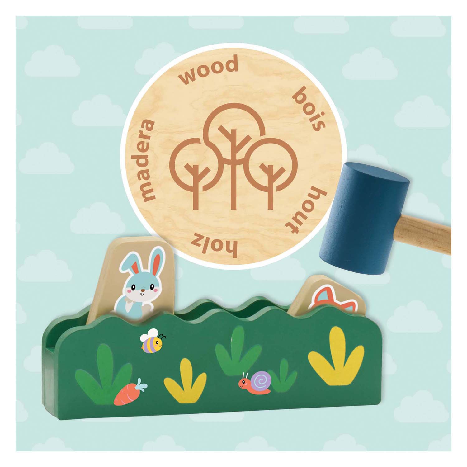 Ses houten hamerbank kiekeboe