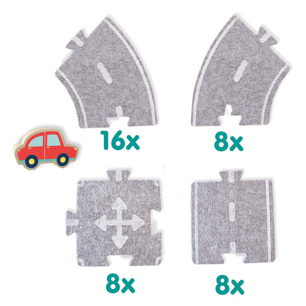 Ses creative – tiny talents - vilten wegenbouw 40 stuks met auto - speelset voor kinderen vanaf 24 maanden - personaliseer je wegen met rechte stukken en bochten - inclusief een houten auto