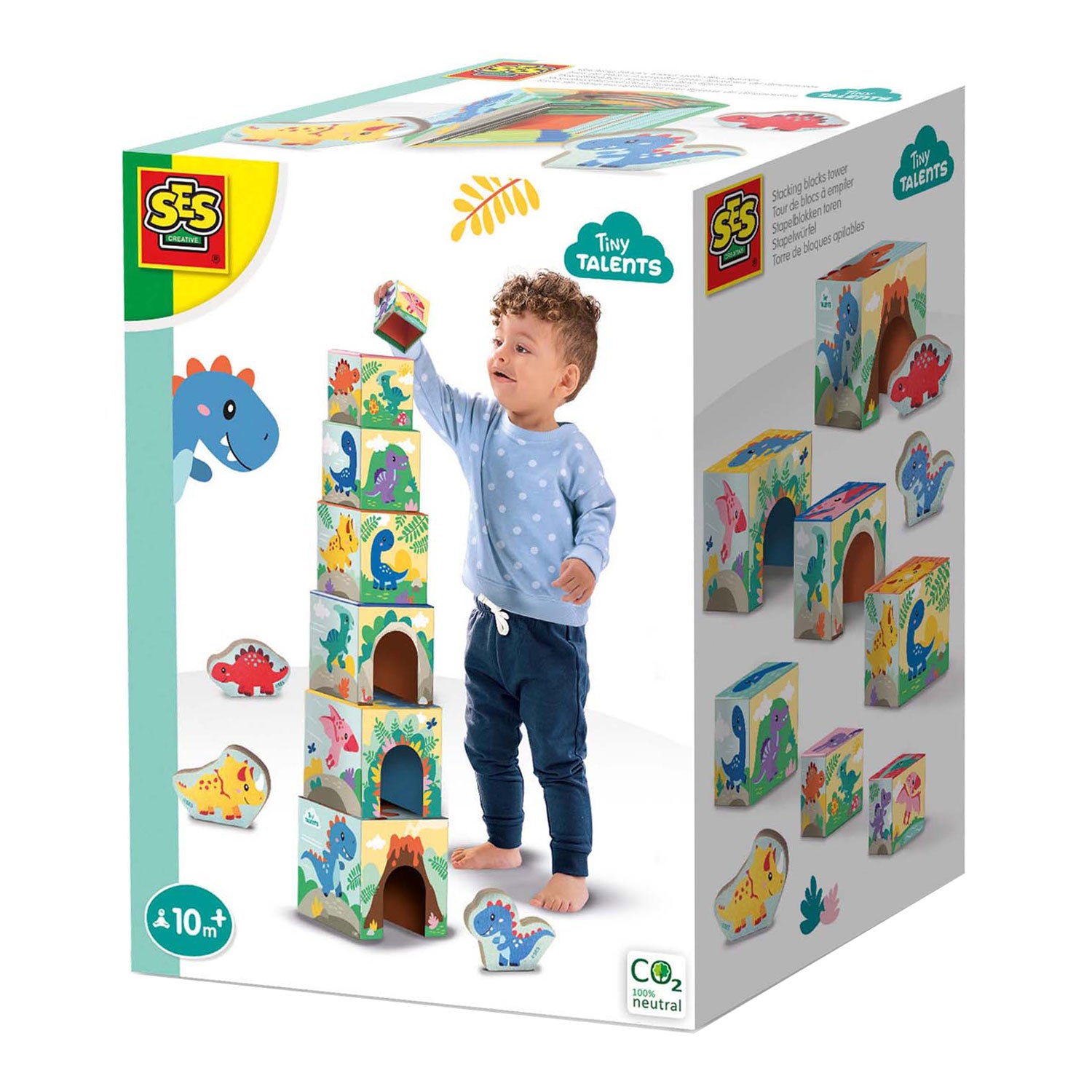 Ses stapeltorenblokken met dinofiguren