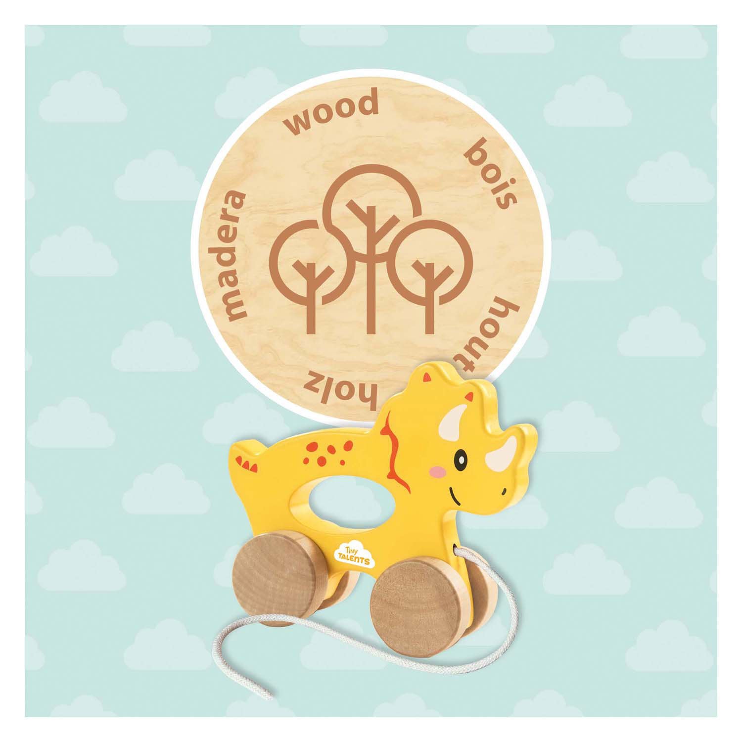 Ses houten trekdier 2 in 1 - triceratops