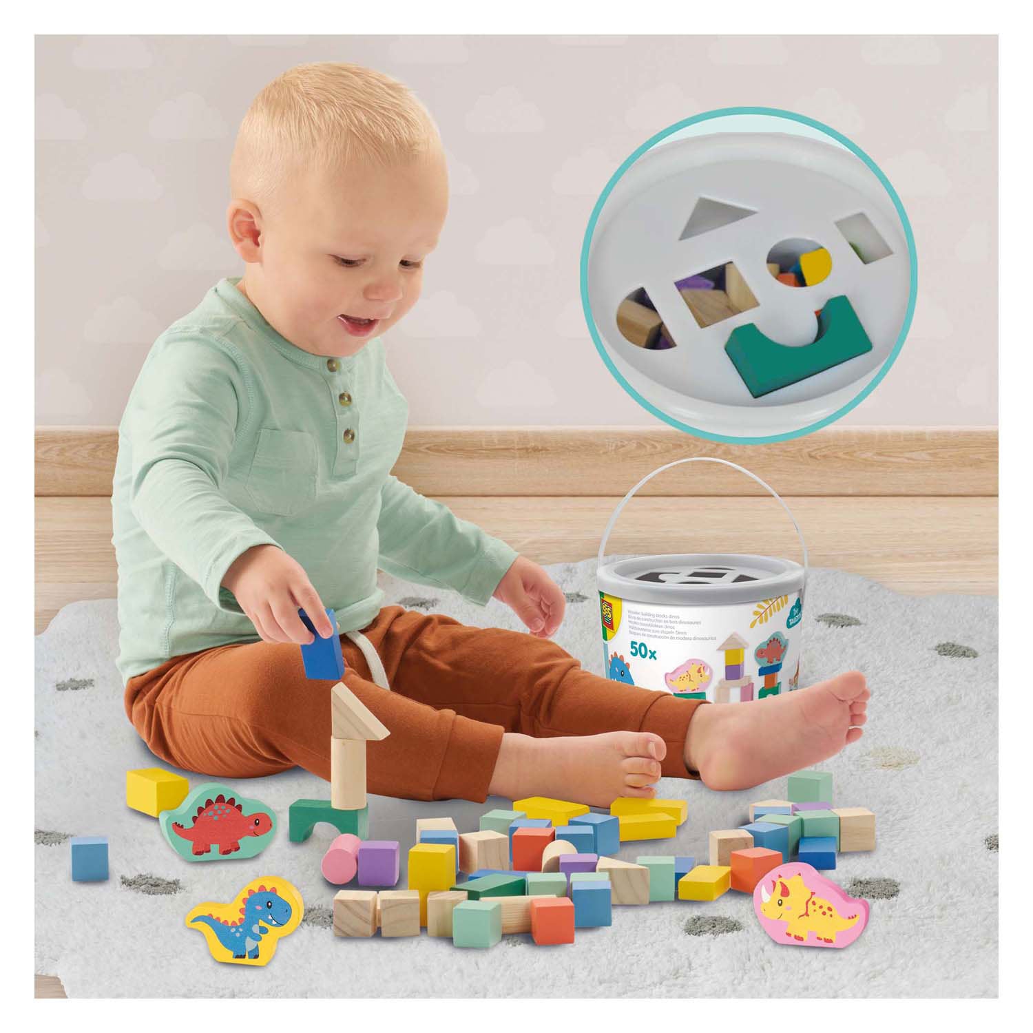 Ses houten bouwblokken dino's, 50st.