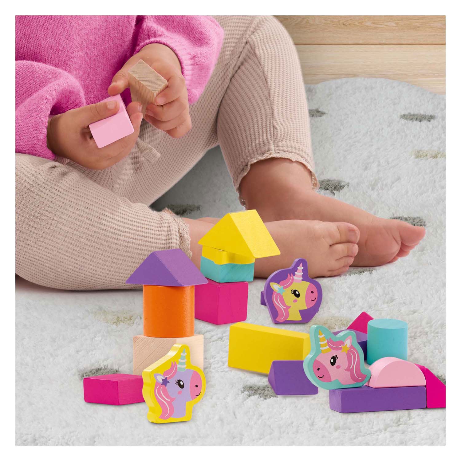 Ses houten bouwblokken eenhoorn, 52st.